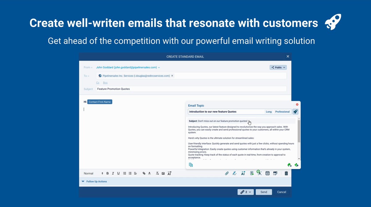 The CRM email editor with the AI assistant