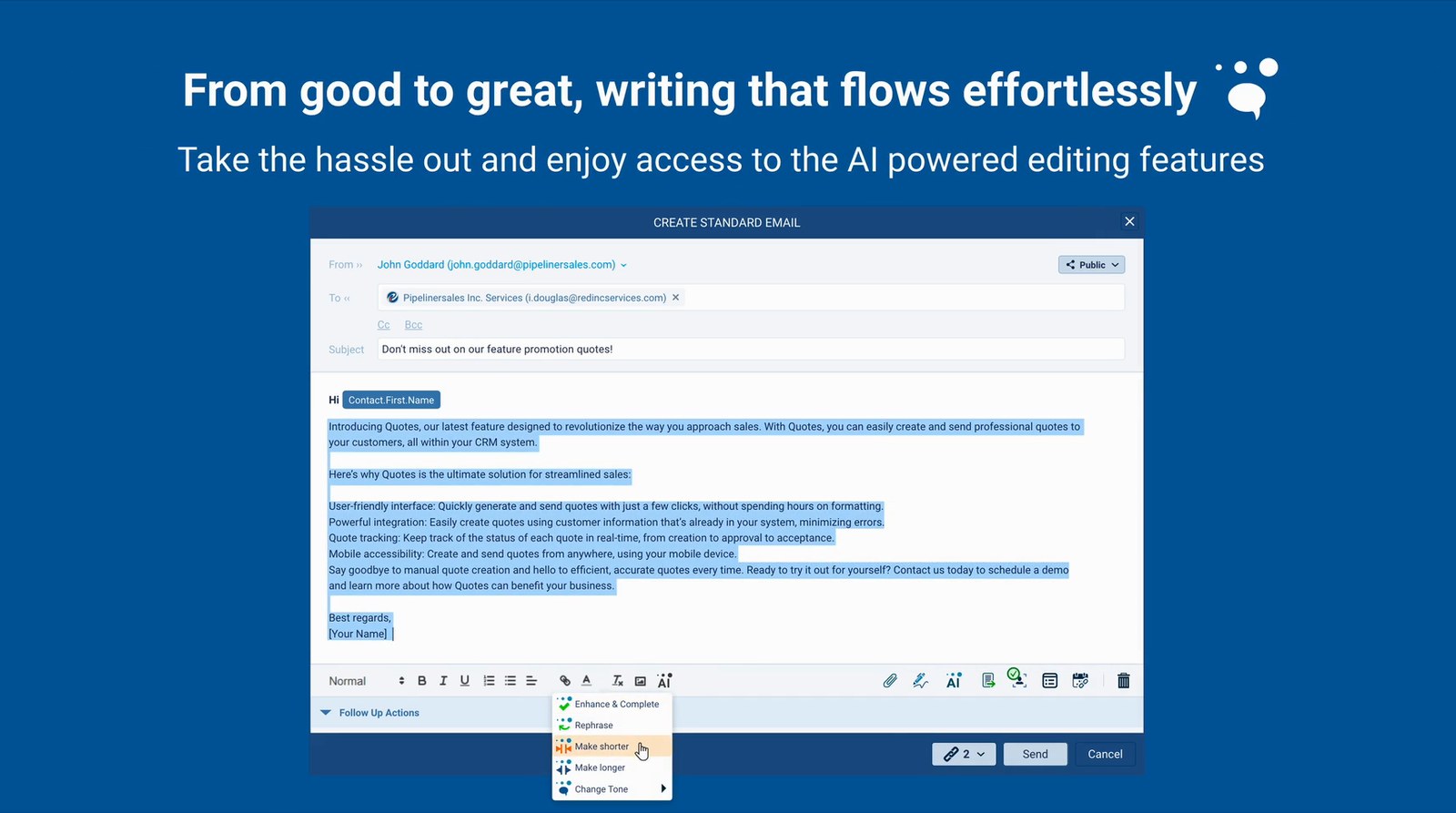 The CRM email editor with AI editing options on selected text