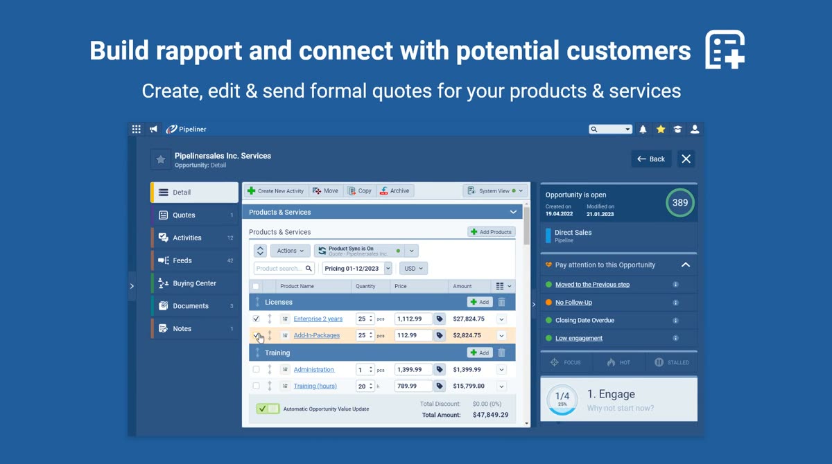 Quote widget showing status, version and process step