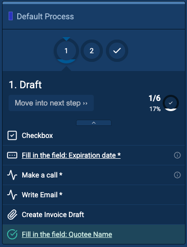 The quote process widget in the Coevera design: steps, progress and the tasks for the current step