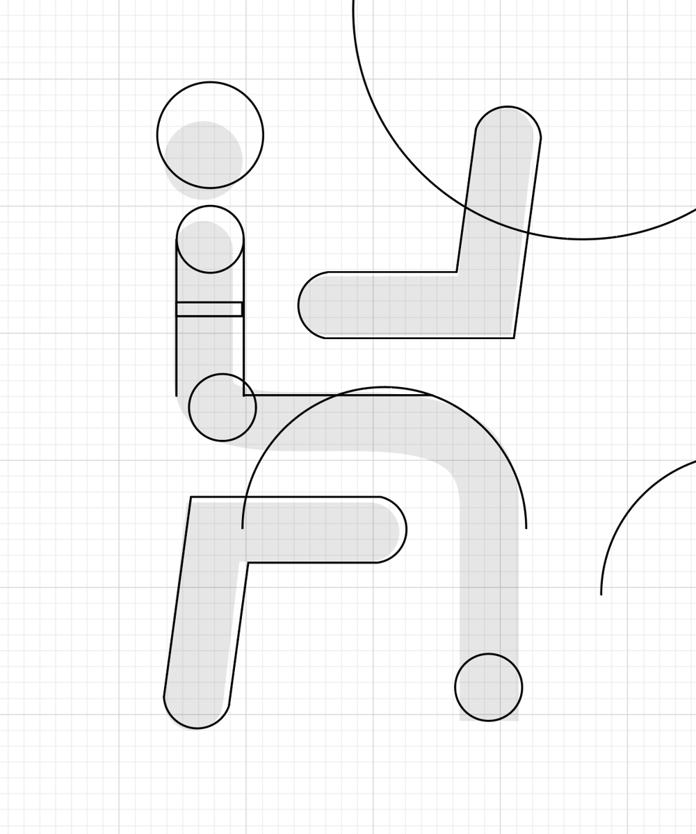 The logomark on a fine grid, with its rounded strokes filled in