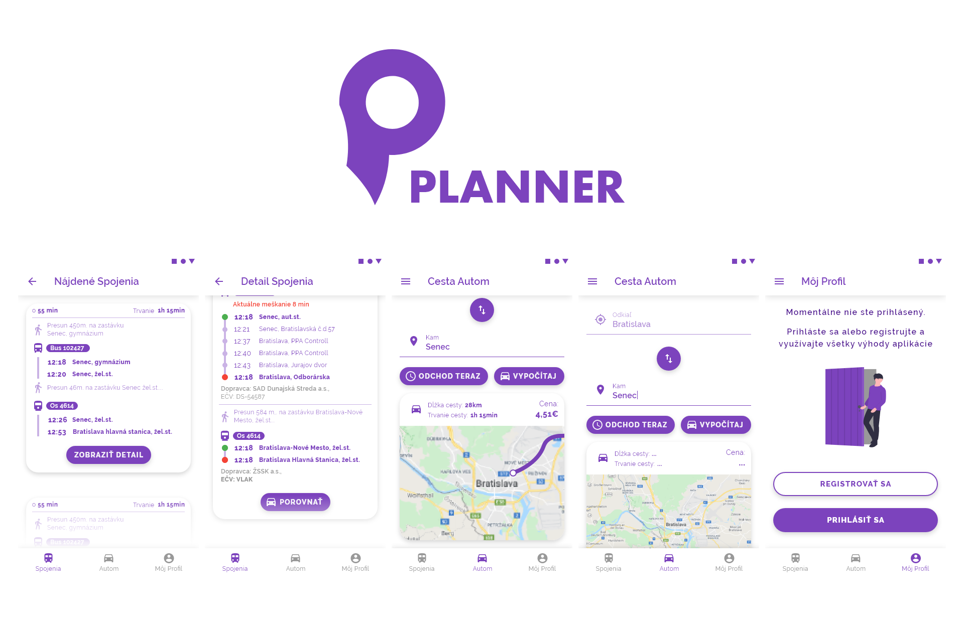 Planner v svetlom režime: päť obrazoviek (nájdené spojenia, detail spojenia, dve obrazovky cesty autom s mapou a profil) pod logom Planner