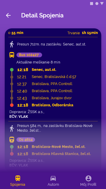 Planner v tmavom režime: detail spojenia s každou zastávkou, jej časom a aktuálnym meškaním