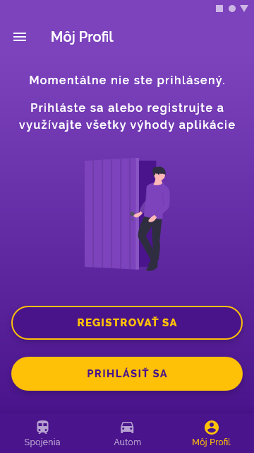 Planner v tmavom režime: obrazovka profilu s výzvou na prihlásenie alebo registráciu