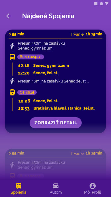 Planner v tmavom režime: nájdené spojenia s úsekmi pešo, autobusom a vlakom a časmi