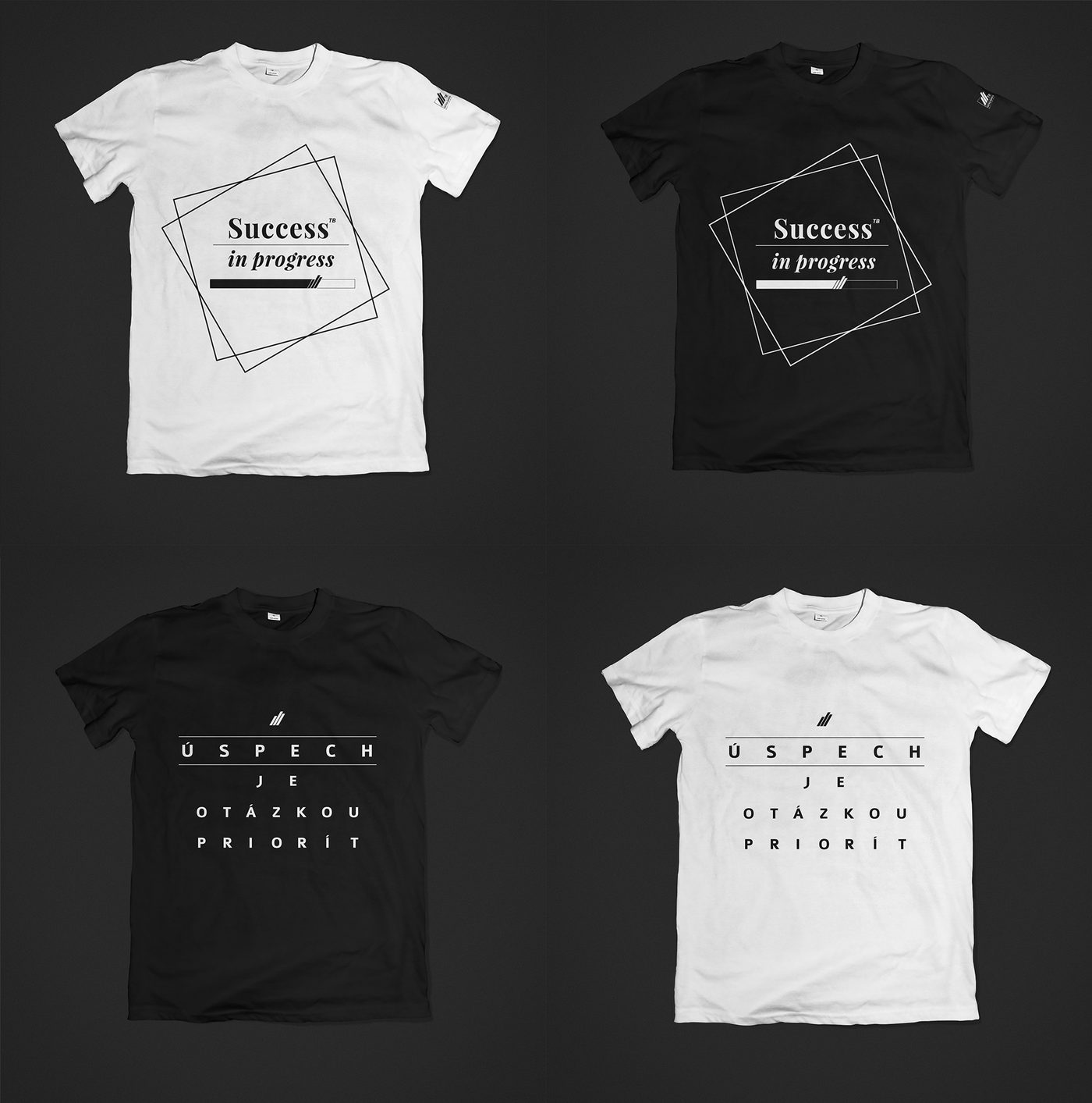 Four T-shirt mockups on a dark background: Success in progress and Úspech je otázkou priorít, each in white and black