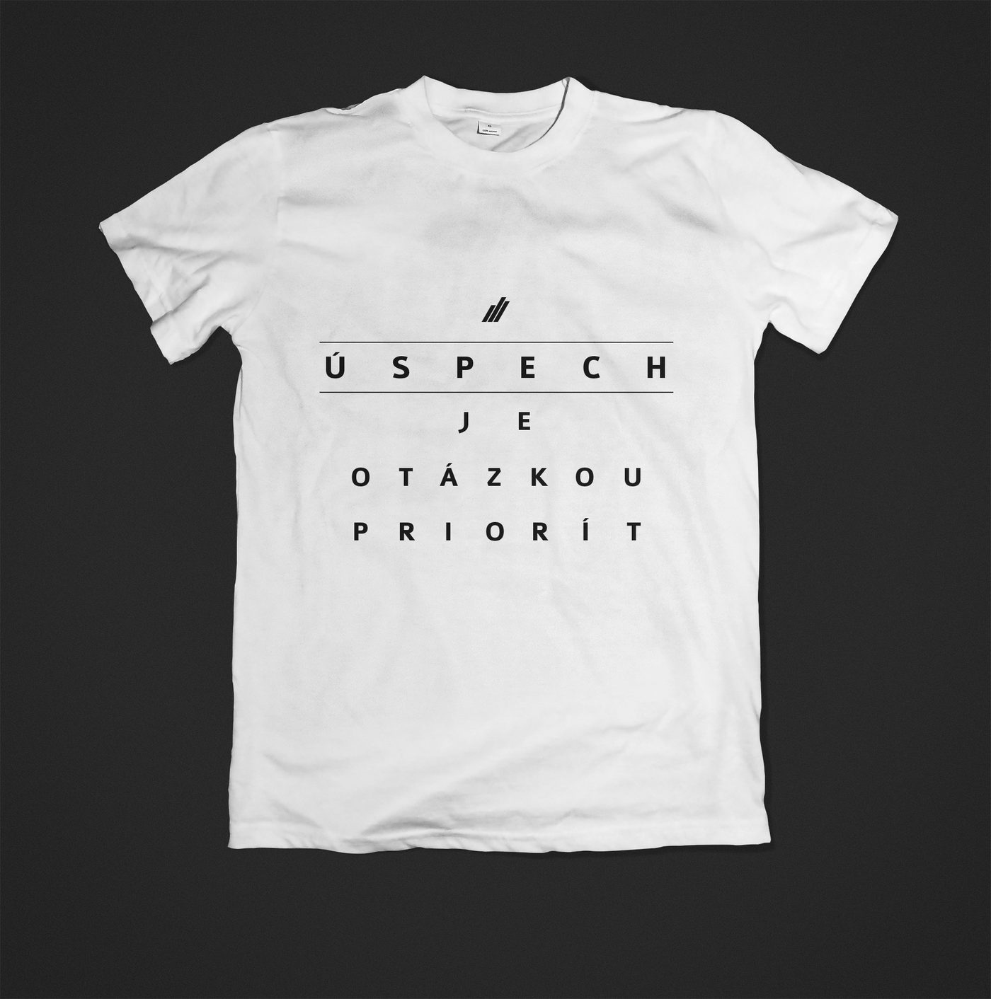 White T-shirt with the words Úspech je otázkou priorít in letter-spaced capitals, with the Tatra banka mark above