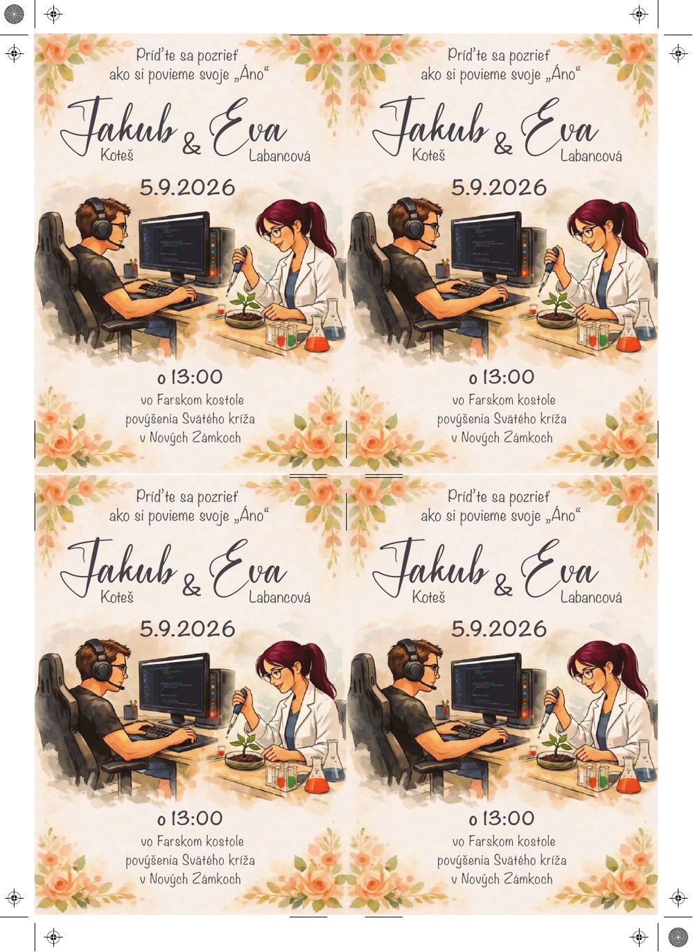 Printable A4 proof with four invitations for Evka and Jakub