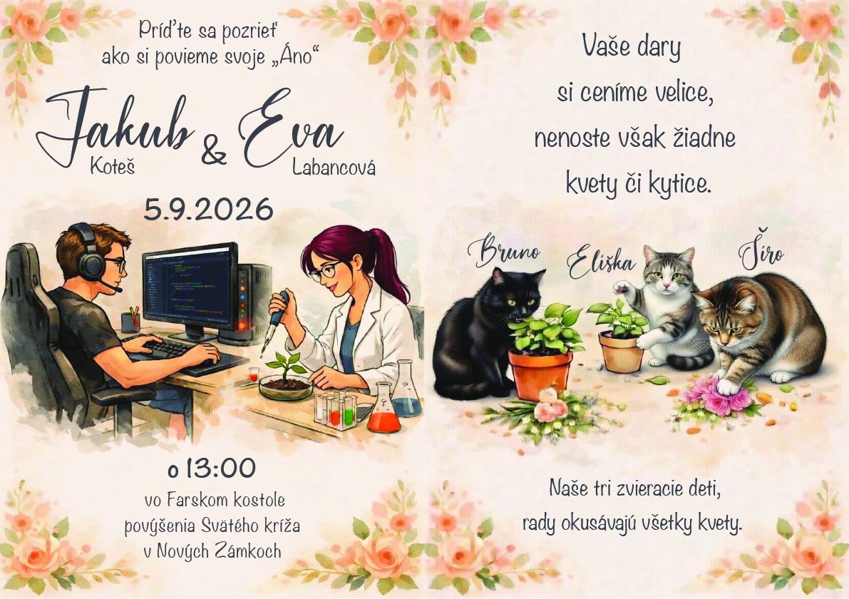 Evka and Jakub’s invitation, front and back, with their illustrations