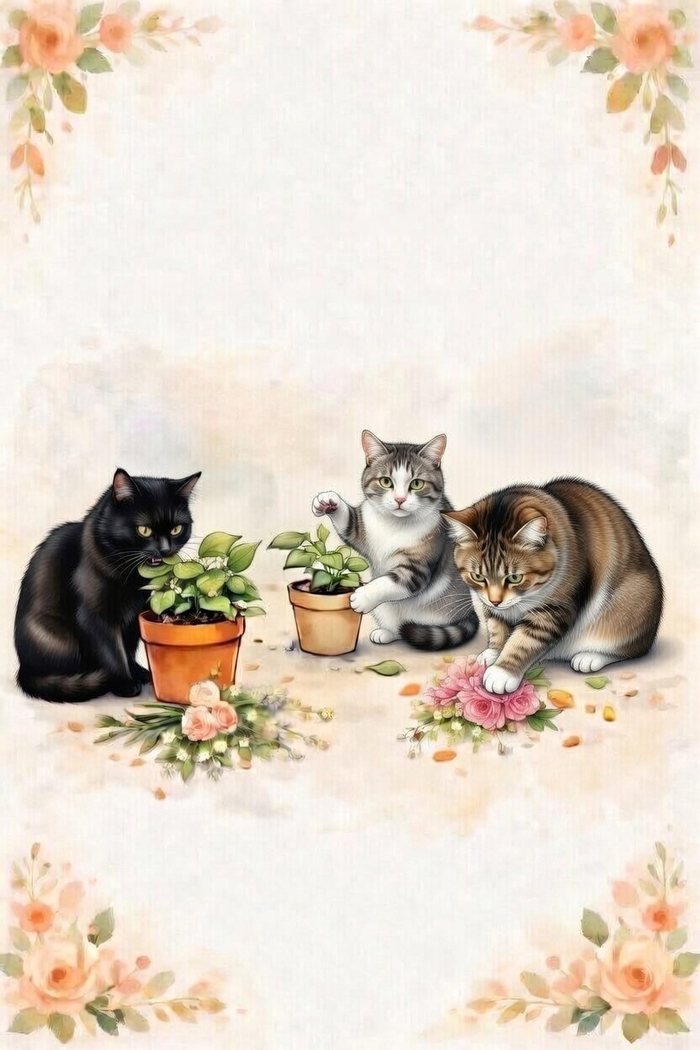 The couple’s own illustration of their three cats with potted plants