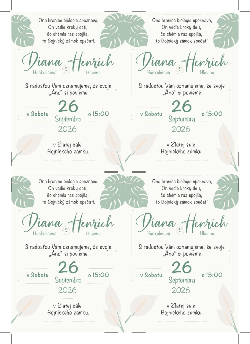 Printable A4 proof with four invitations for Diana and Henrich