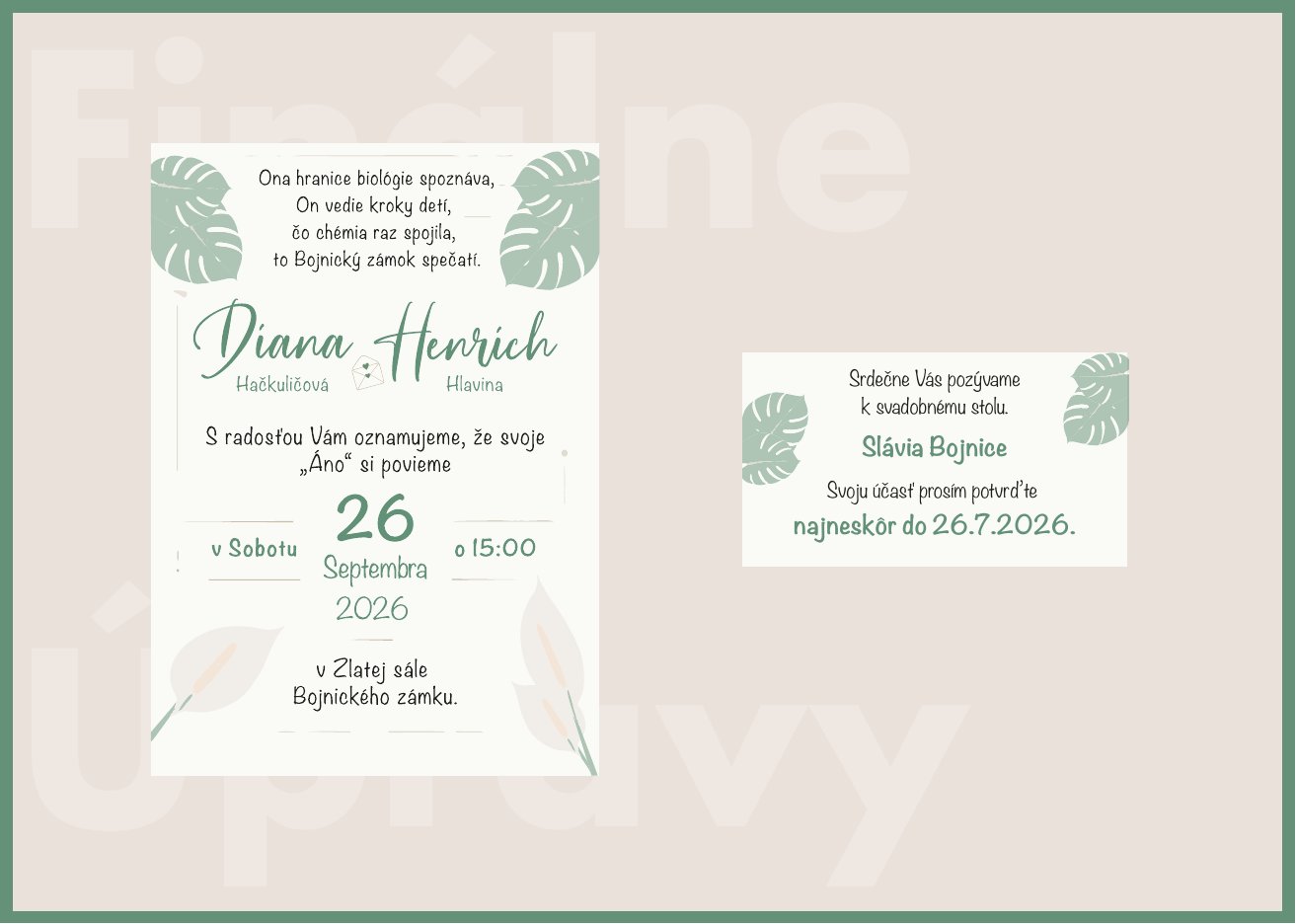 The final wedding invitation and dinner card for Diana and Henrich