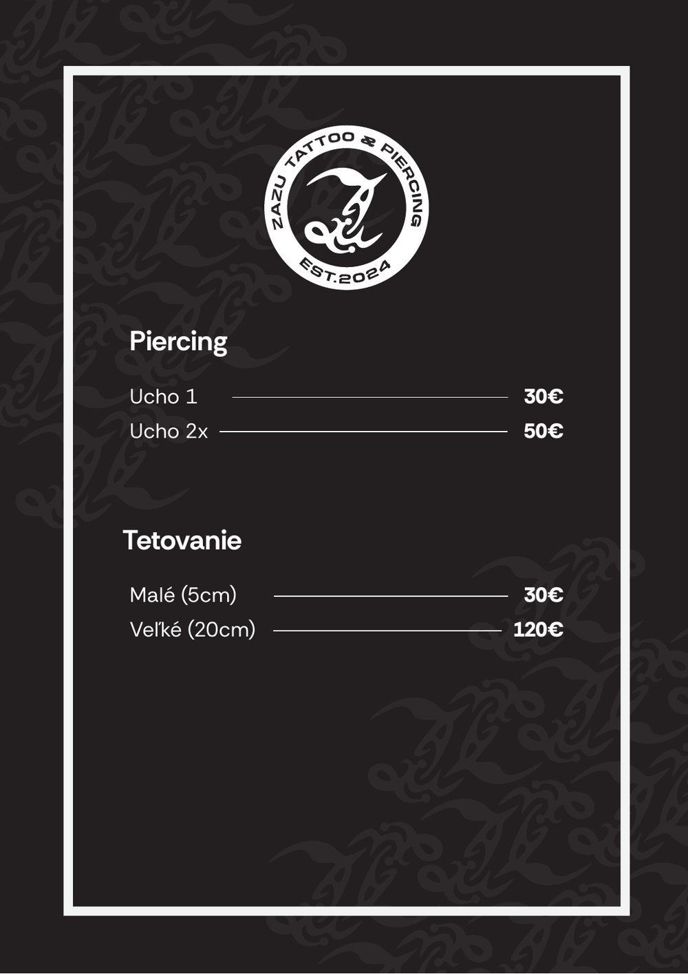Zazu price list on black with the badge