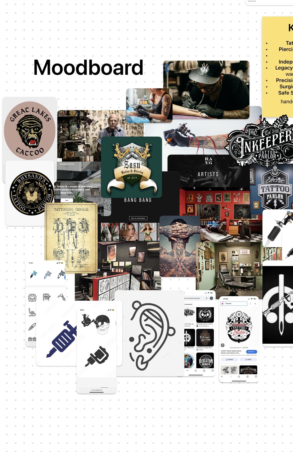 Moodboard for Zazu: tattoo flash, lettering, studio interiors and badges