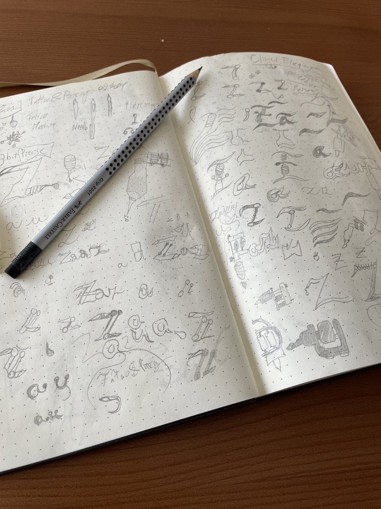 A second spread of Z sketches in the notebook